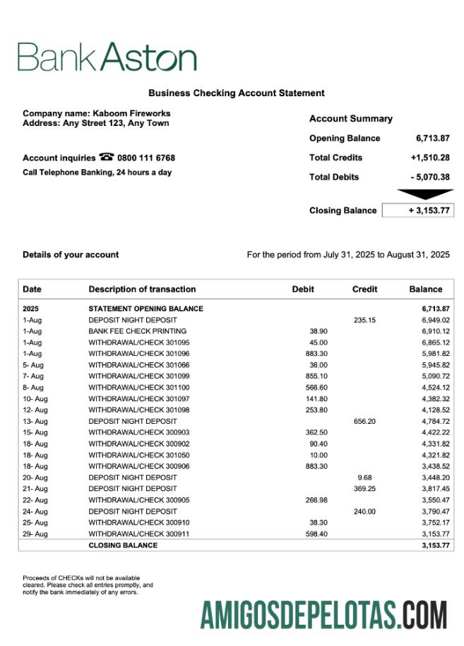 Imprimível Reino Unido Bank Of Aston Corporate modelo de extrato de conta Word e PDF